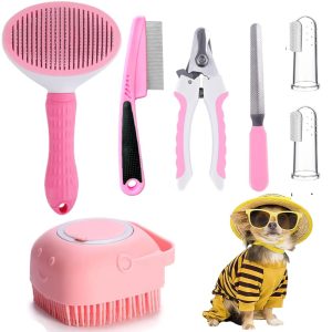 Pet Grooming 7-Piece Set - Includes self-cleaning brush, nail clippers, flea comb, and bathing brush.