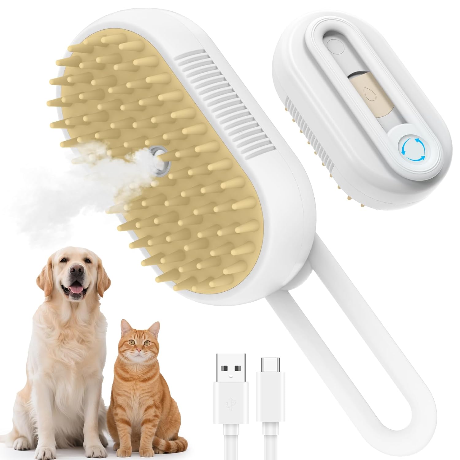 4-in-1 Rechargeable Pet Steam Brush (White) Silent shedding comb, suitable for indoor cats and long-haired dogs