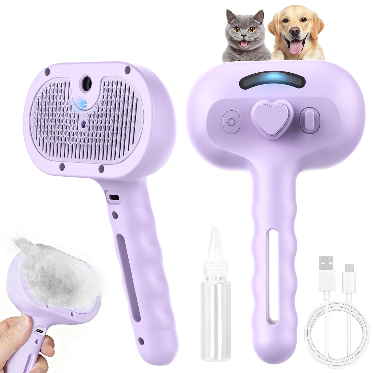 3-in-1 Professional Pet Steam Brush (Purple) Steam spray technology, self-cleaning and efficient hair removal