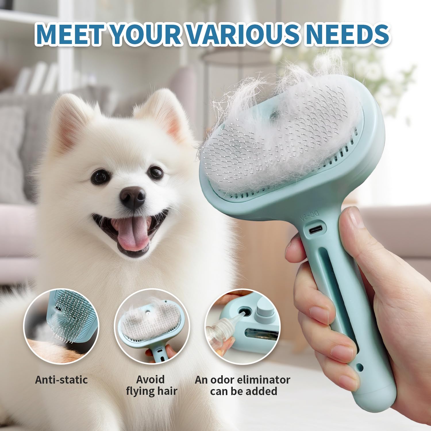 3-in-1 Self-Cleaning Pet Steam Brush (Blue) Anti-static shedding comb, suitable for long and short-haired cats and dogs - Image 2