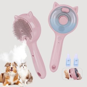 3-in-1 Pet Steam Grooming Brush (Pink) Reduces shedding and promotes health, includes leave-in shampoo