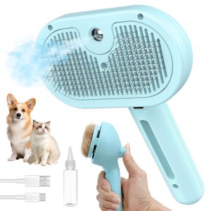 3-in-1 Self-Cleaning Pet Steam Brush (Blue) Anti-static shedding comb, suitable for long and short-haired cats and dogs