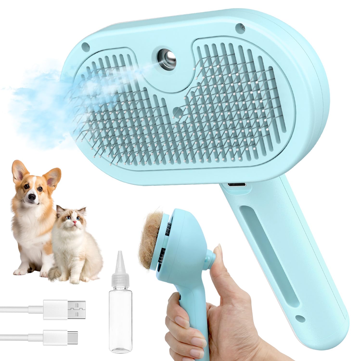 3-in-1 Self-Cleaning Pet Steam Brush (Blue) Anti-static shedding comb, suitable for long and short-haired cats and dogs